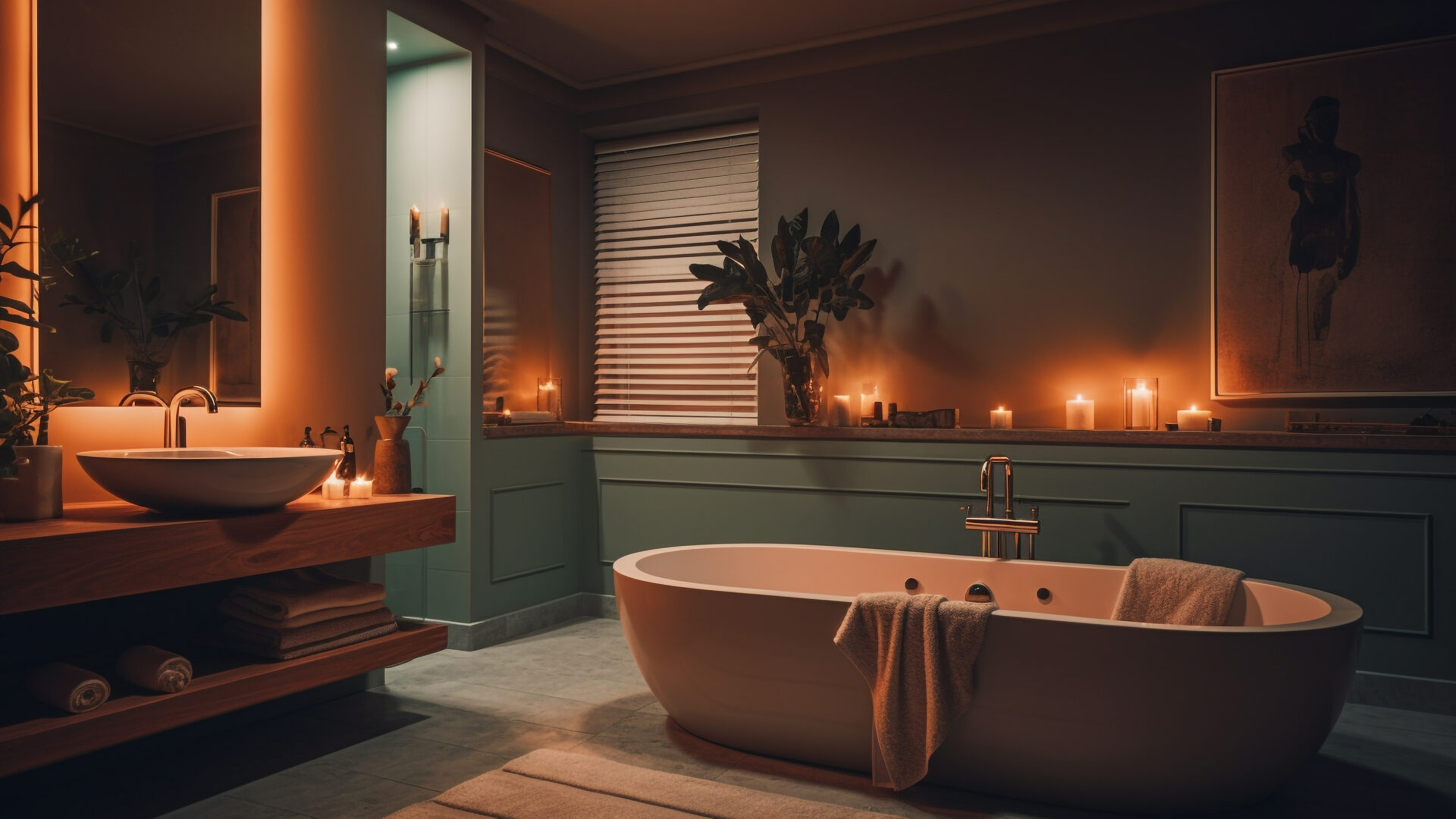 Freestanding bathtub in a candlelit bathroom with warm lighting, plants, and a calm evening atmosphere
